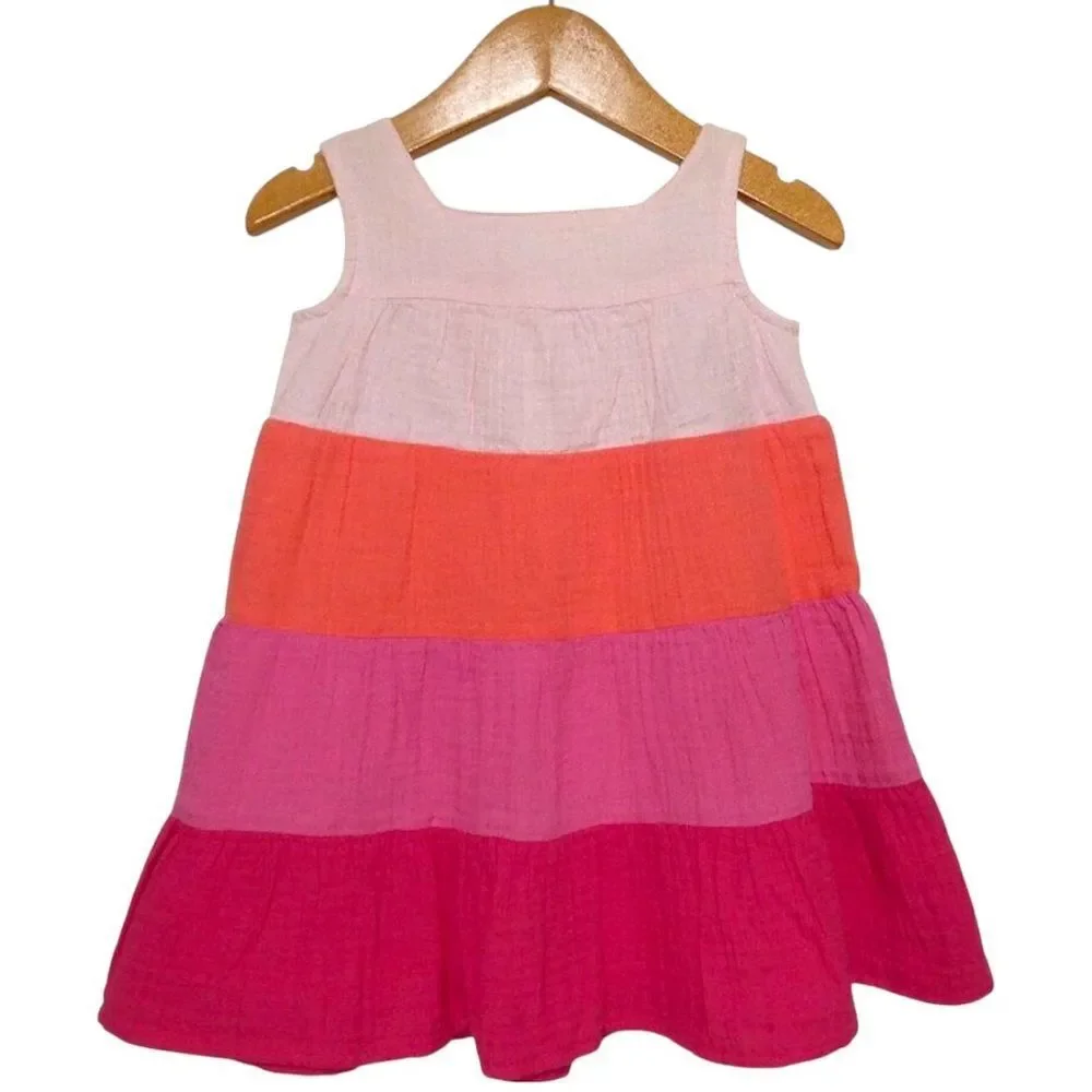 Baby Gap Rainbow Tiered Gauze Dress Pink Orange Cotton 18-24M